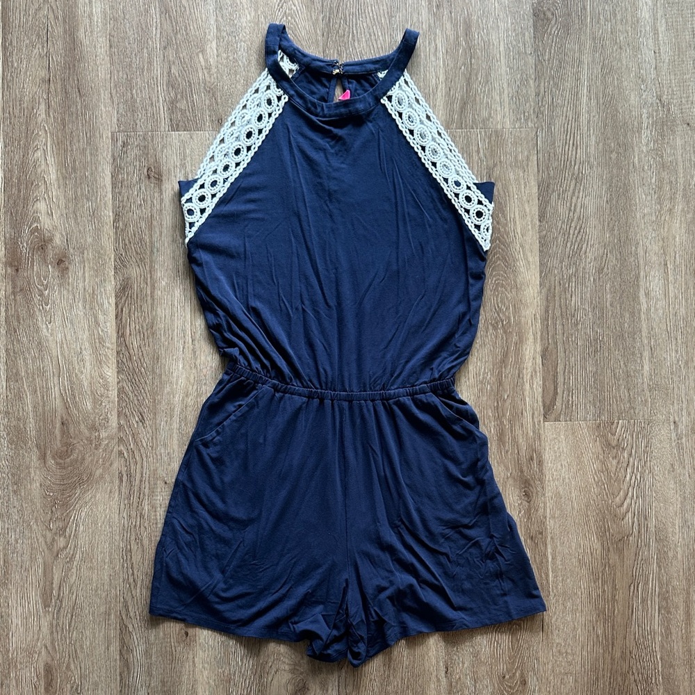 Lilly Pulitzer Lala Romper Navy Blue Small‎ High Neck Preppy Resortwear